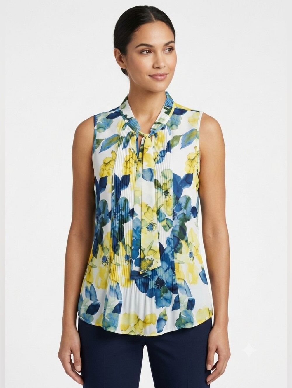 DKNY Yellow & Blue Floral Tie-Neck Sleeveless Blouse Size L